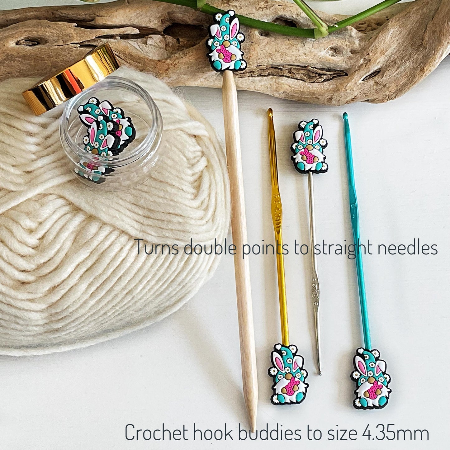 CELEBRATE SPRING set of 2 stitch stoppers- Gnome Easter Bunny with Egg point protectors choice of colors or add 5 cute markers + storage jar