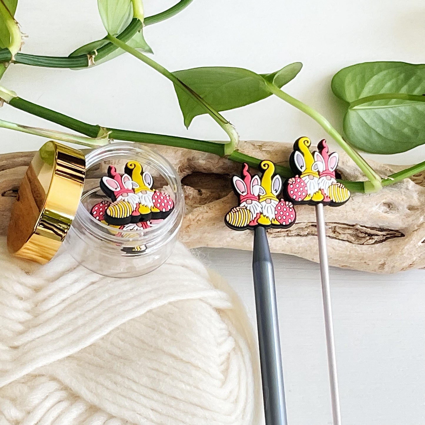 GNOME EASTER BUNNY Duo, Set of 2 knitting needle point protectors, Crochet Hook buddies, put your knitting down & keep your stitches safe