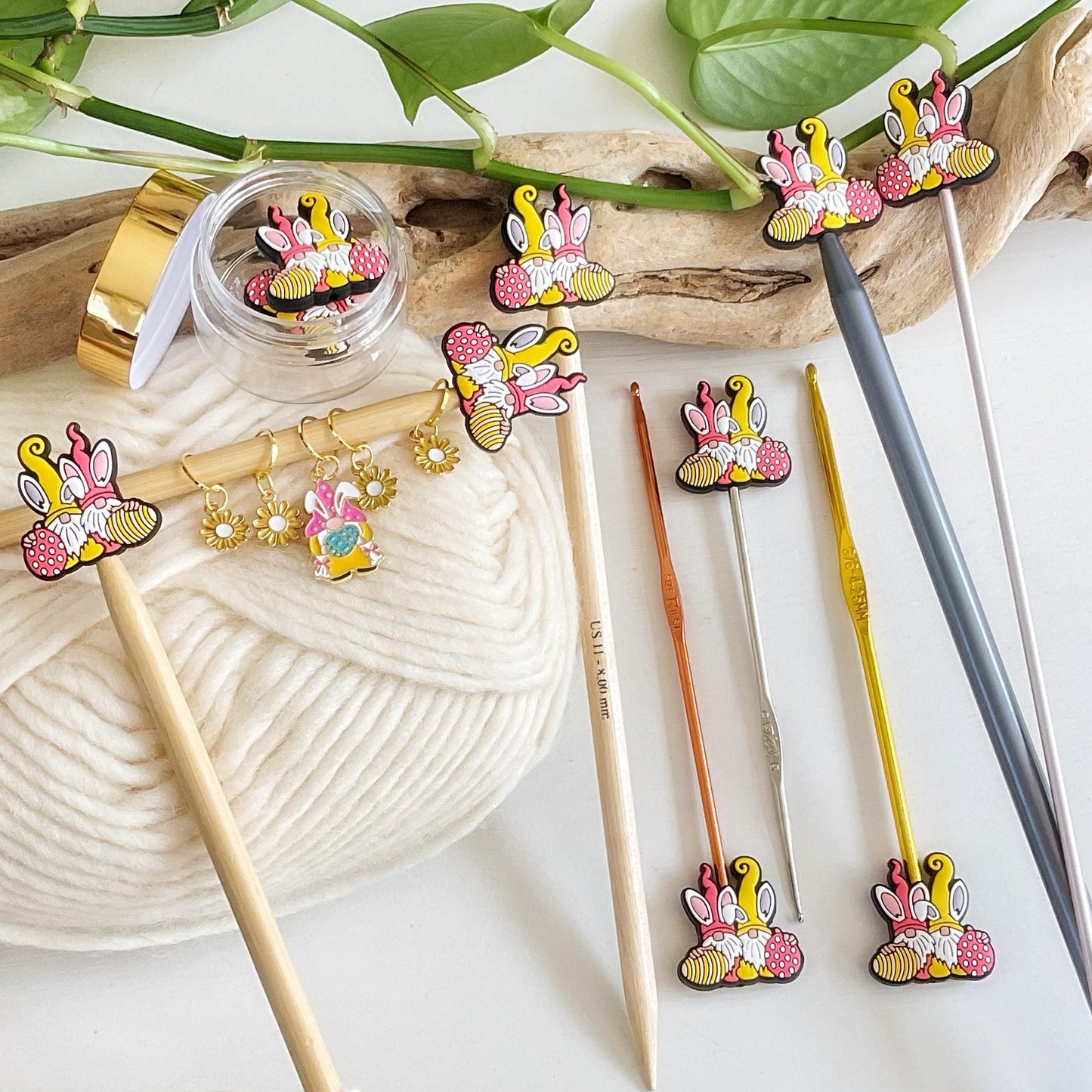 GNOME EASTER BUNNY Duo, Set of 2 knitting needle point protectors, Crochet Hook buddies, put your knitting down & keep your stitches safe