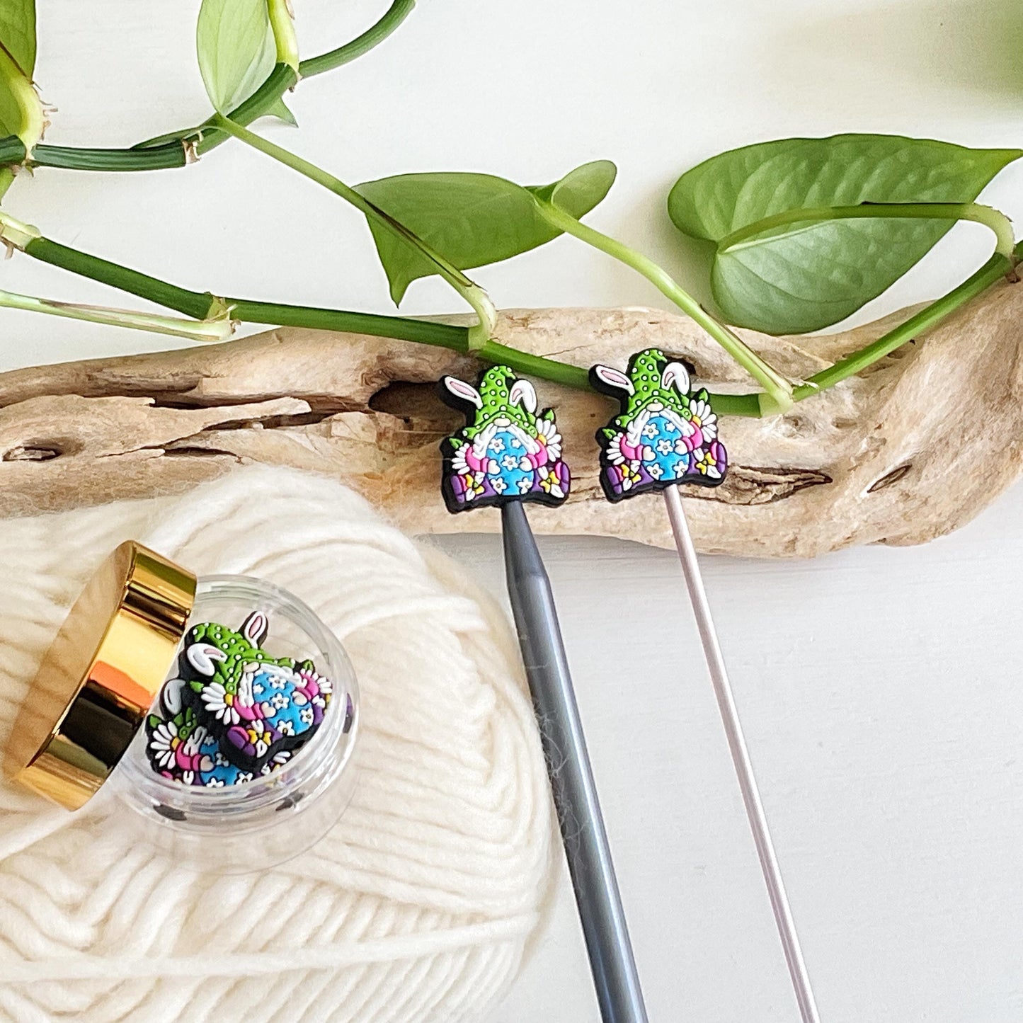 GNOME dressed as EASTER BUNNY with colorful egg, Set of 2 knitting needle point protectors, put your knitting down & keep your stitches safe