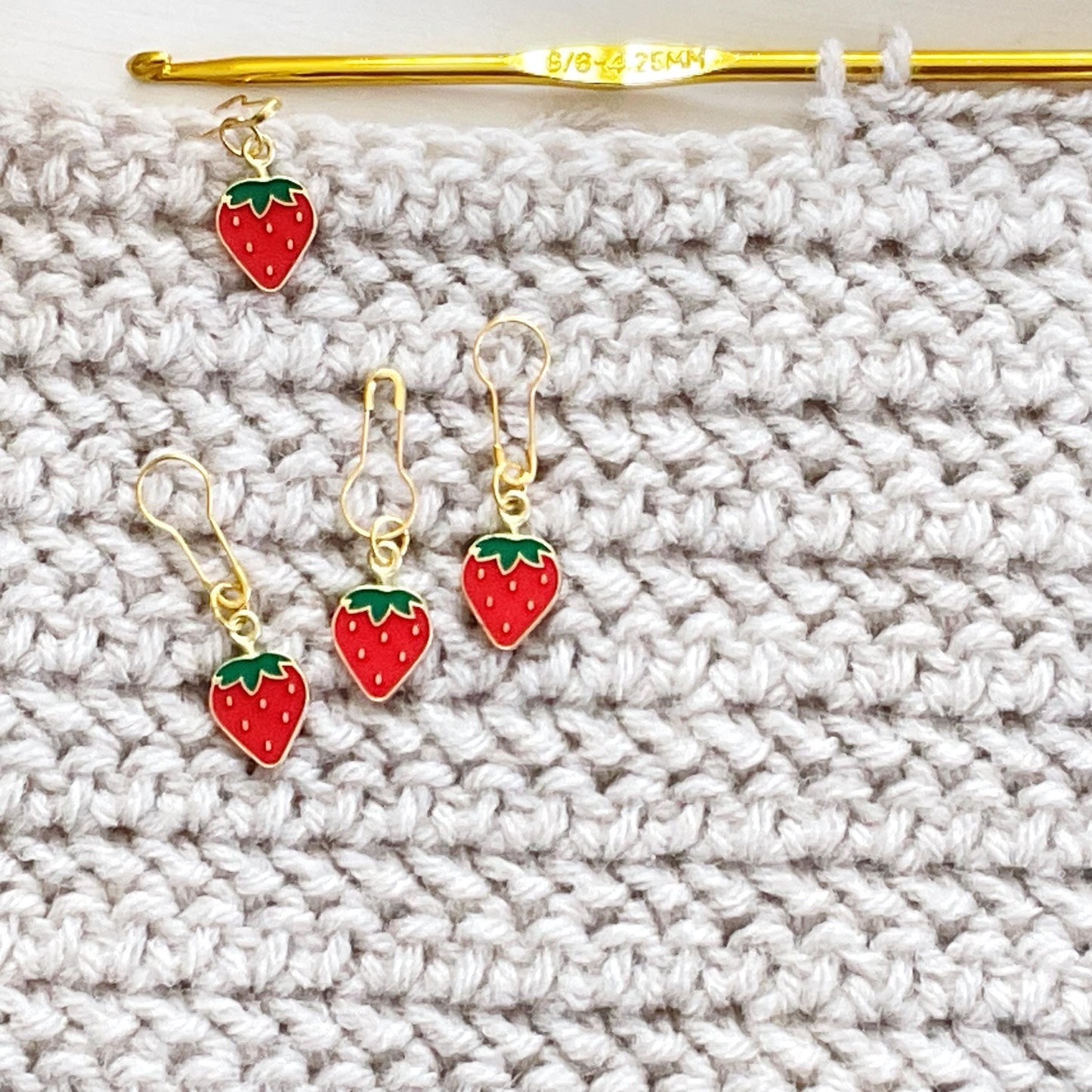 SWEET SUMMER STRAWBERRY, set of 4 knit or crochet stitch markers, progress keepers, ripe red enamel + metal markers + storage jar w/ lid