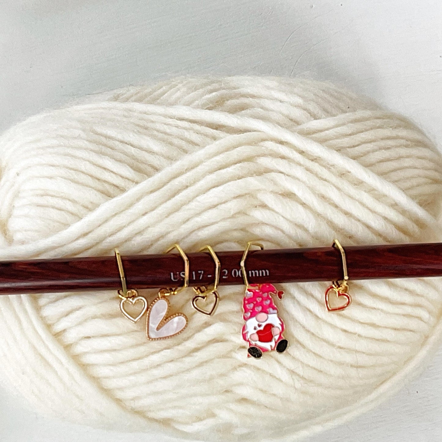 LOVE GNOME + HEARTS, Celebrate love + positivity with a set of 5 knit or crochet stitch markers includes plain pin + storage jar w/ lid