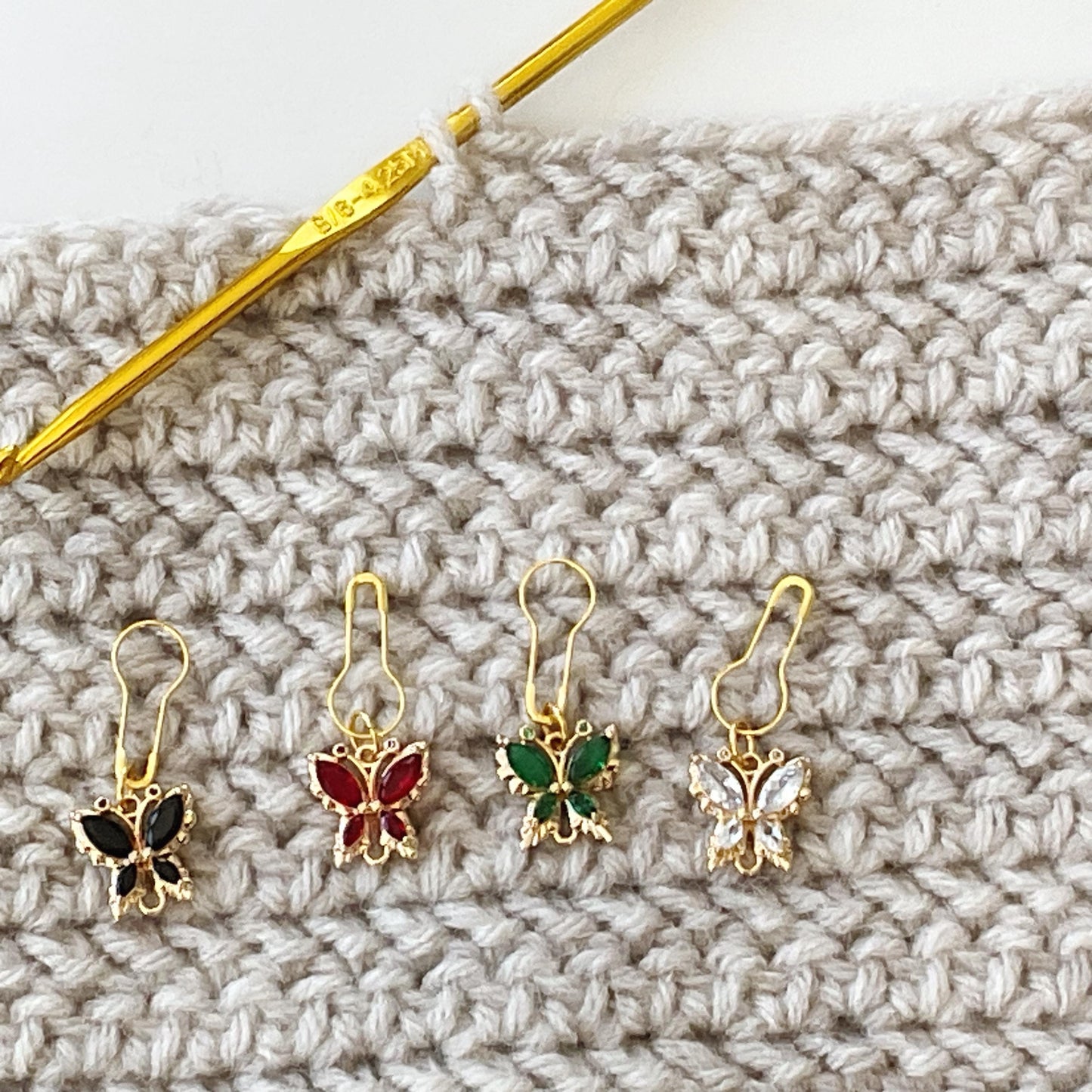 CRYSTAL BUTTERFLIES Stitch Markers, Colorful set of 4 knit or crochet progress keepers, storage jar w/ lid, DK to chunky knits and crochet
