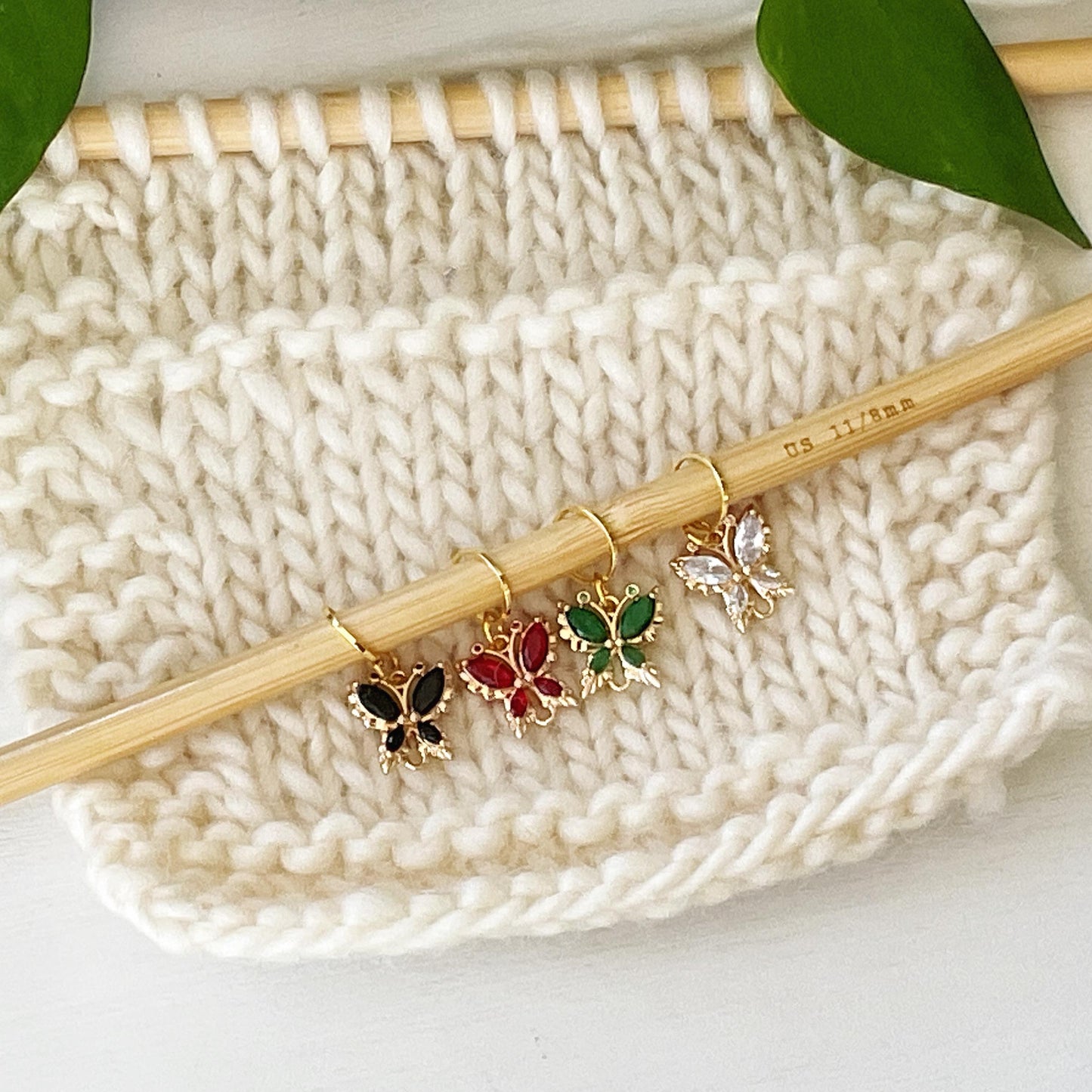 CRYSTAL BUTTERFLIES Stitch Markers, Colorful set of 4 knit or crochet progress keepers, storage jar w/ lid, DK to chunky knits and crochet