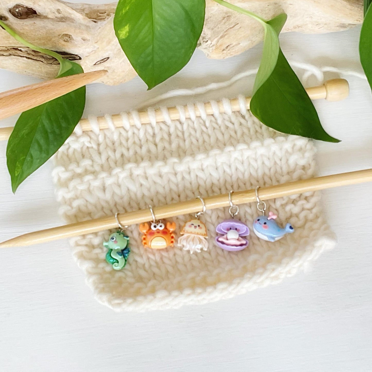 INTO THE SEA Set of 5 Stitch markers, knit or crochet progress keepers, choose your findings, includes storage jar + lid