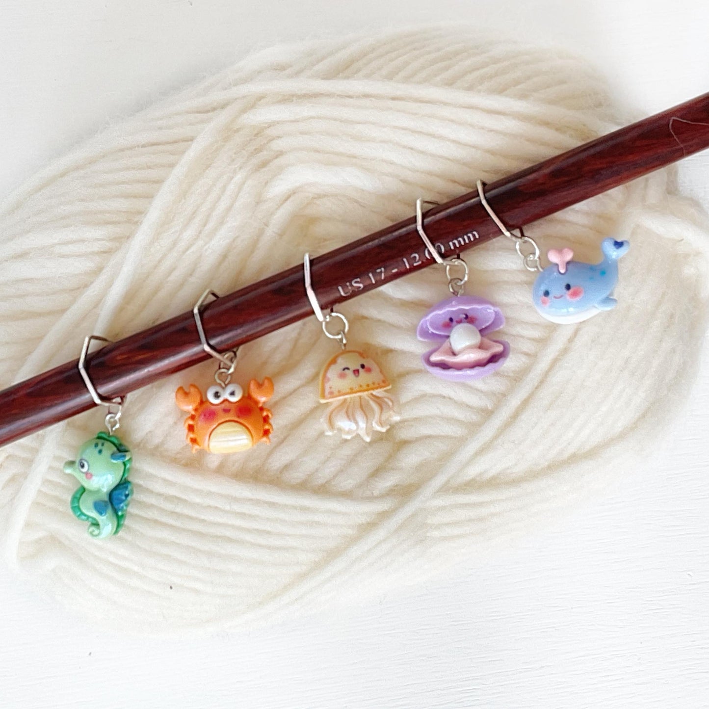 INTO THE SEA Set of 5 Stitch markers, knit or crochet progress keepers, choose your findings, includes storage jar + lid
