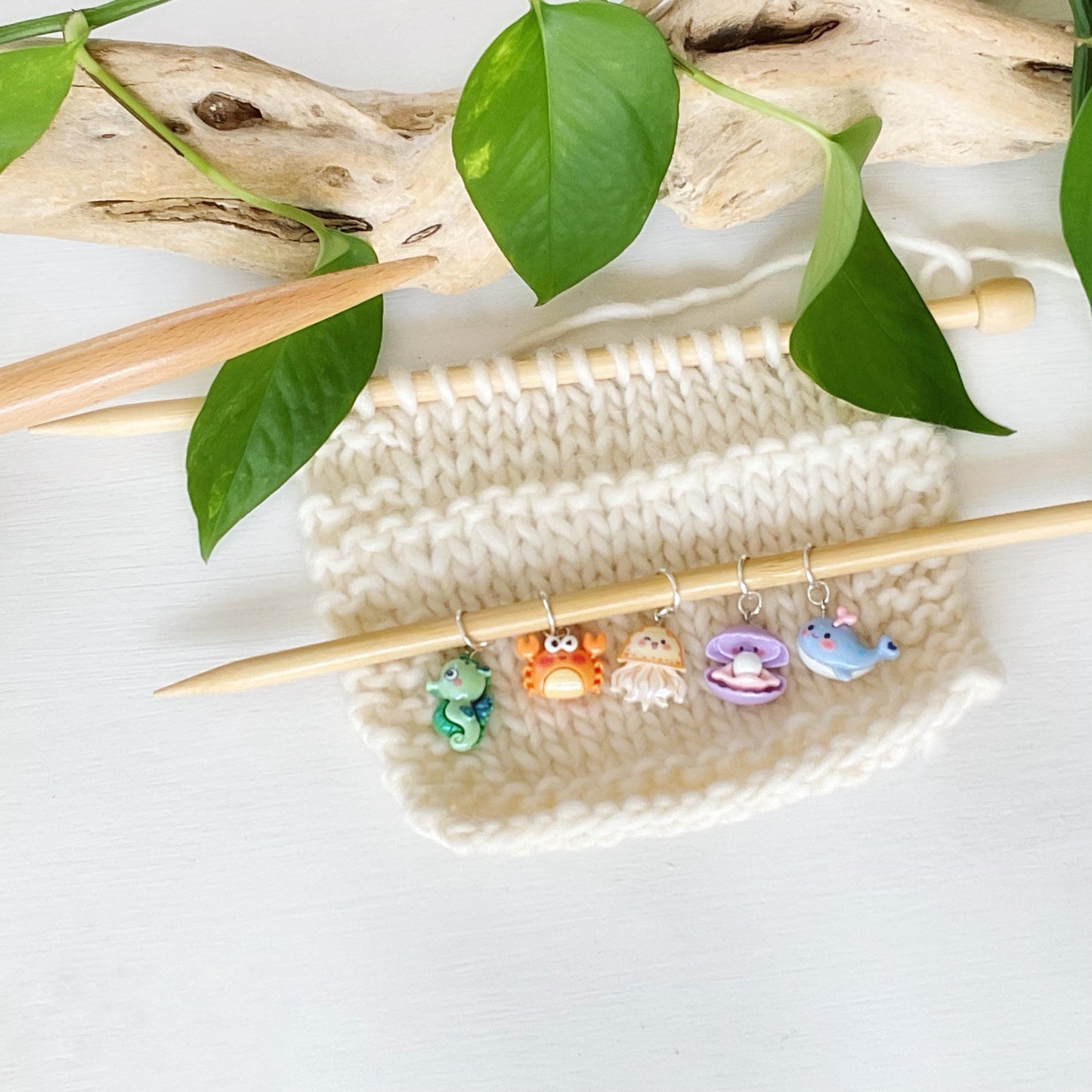 INTO THE SEA Set of 5 Stitch markers, knit or crochet progress keepers, choose your findings, includes storage jar + lid