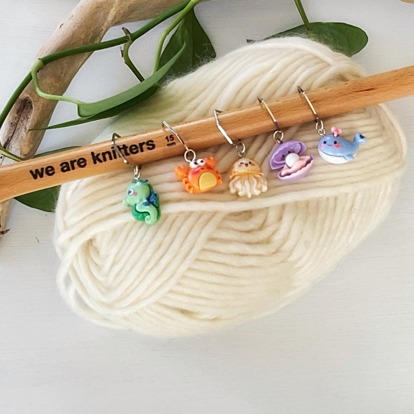 INTO THE SEA Set of 5 Stitch markers, knit or crochet progress keepers, choose your findings, includes storage jar + lid