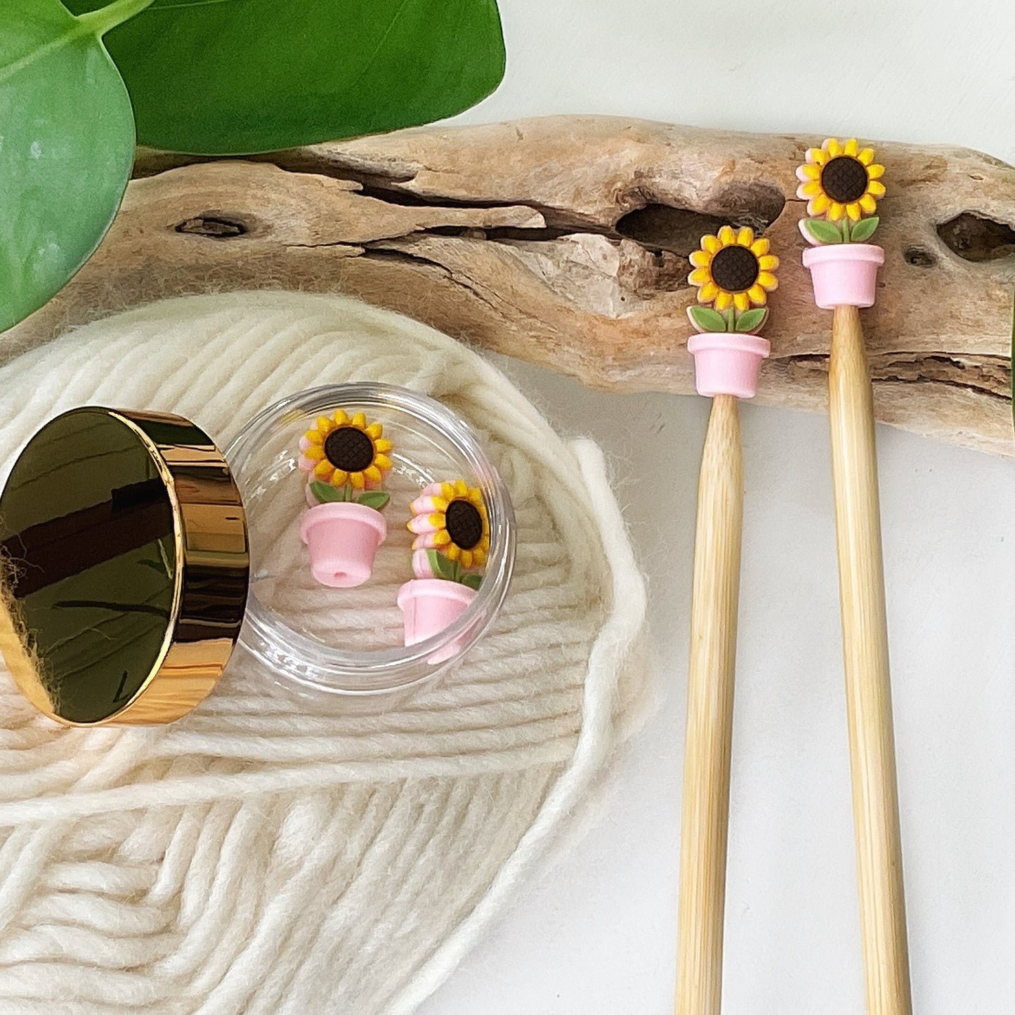 SUNFLOWER in a POT Stitch STOPPERS, set of 2, choice of 3 colors, Fun Gifts for Knitters + crocheters, stops dropped stitches