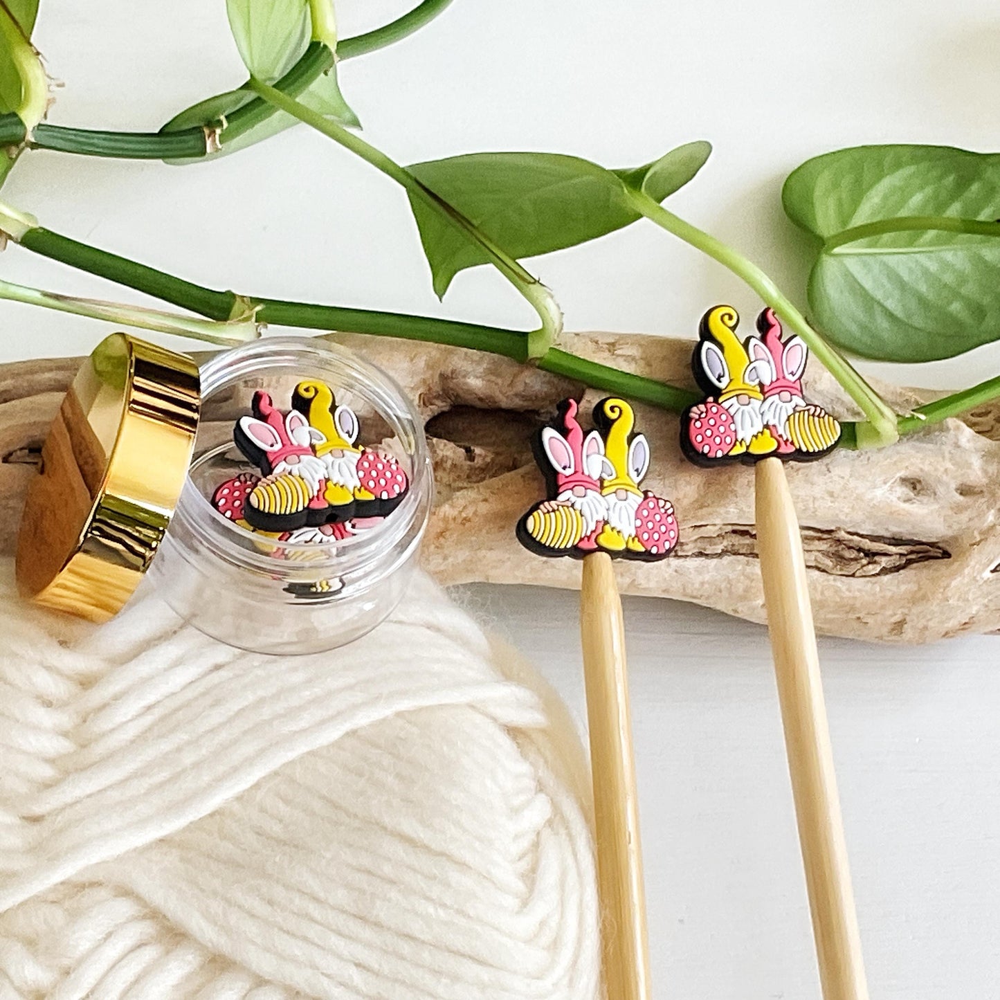 GNOME EASTER BUNNY Duo, Set of 2 knitting needle point protectors, Crochet Hook buddies, put your knitting down & keep your stitches safe