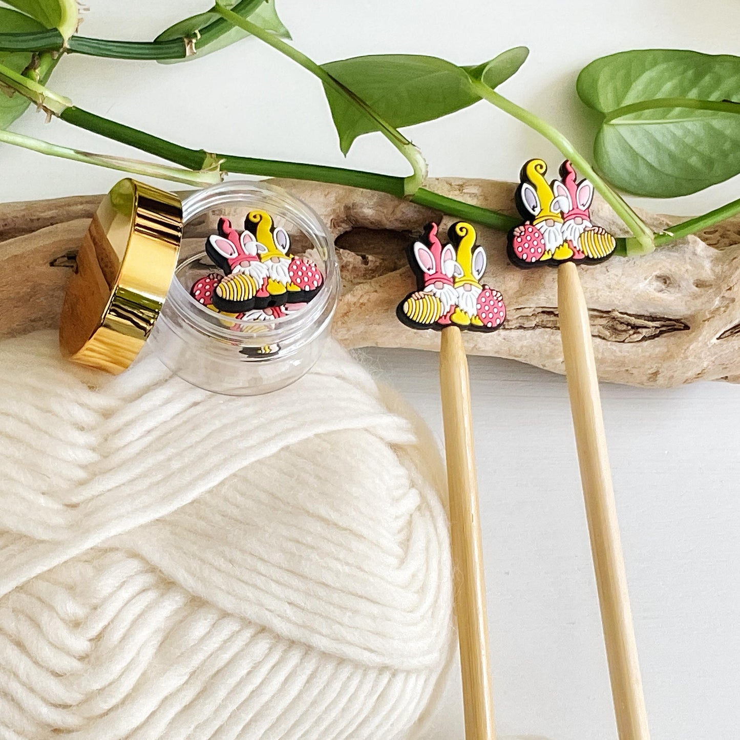 GNOME EASTER BUNNY Duo, Set of 2 knitting needle point protectors, Crochet Hook buddies, put your knitting down & keep your stitches safe