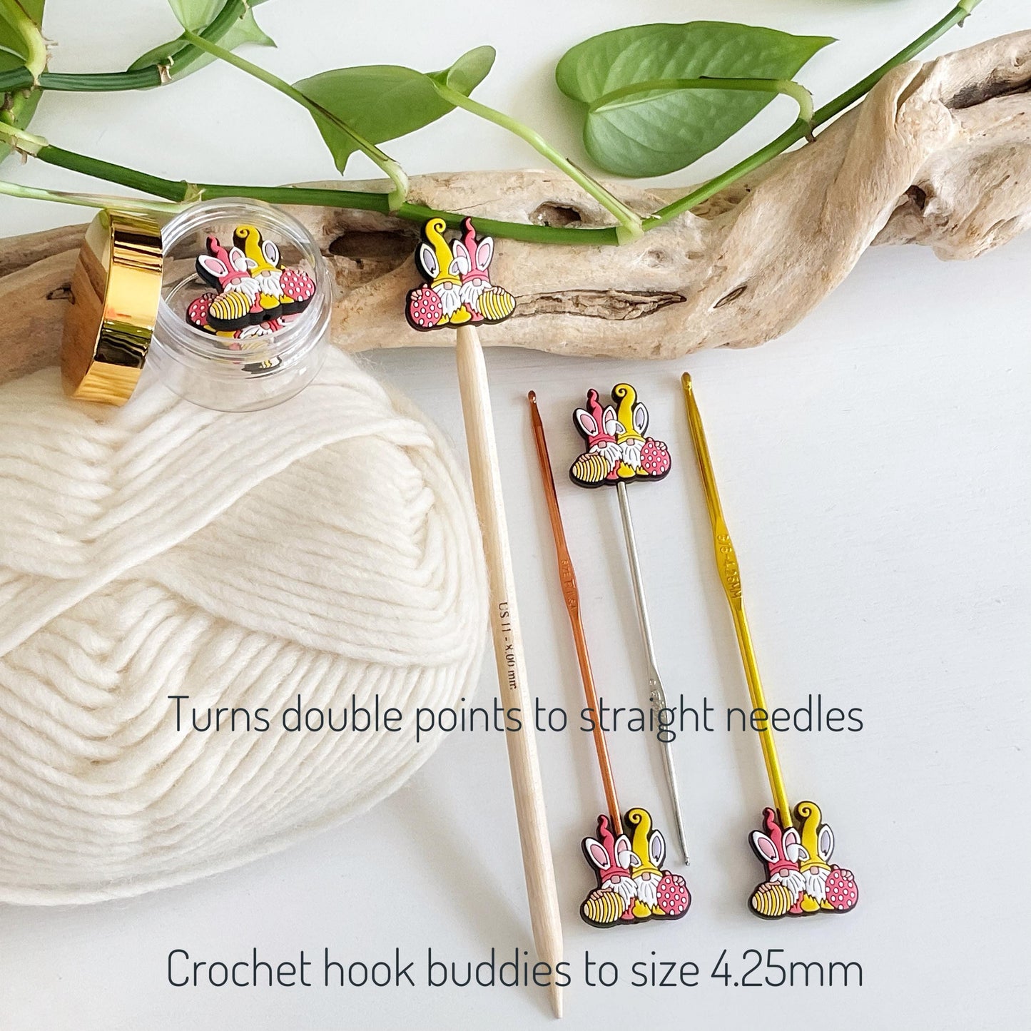 GNOME EASTER BUNNY Duo, Set of 2 knitting needle point protectors, Crochet Hook buddies, put your knitting down & keep your stitches safe