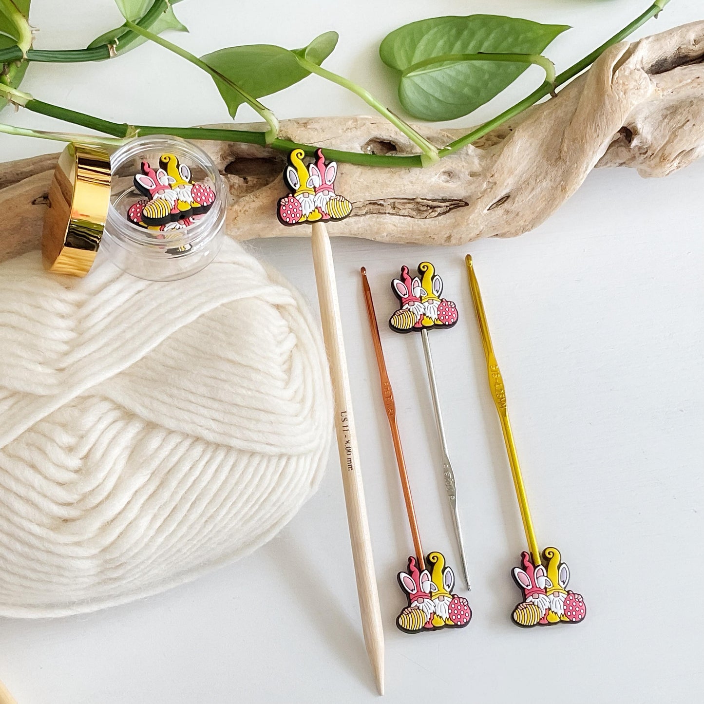 GNOME EASTER BUNNY Duo, Set of 2 knitting needle point protectors, Crochet Hook buddies, put your knitting down & keep your stitches safe