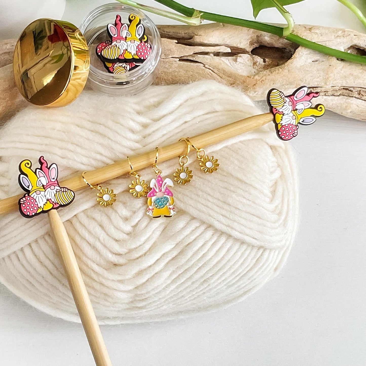 GNOME EASTER BUNNY Duo, Set of 2 knitting needle point protectors, Crochet Hook buddies, put your knitting down & keep your stitches safe