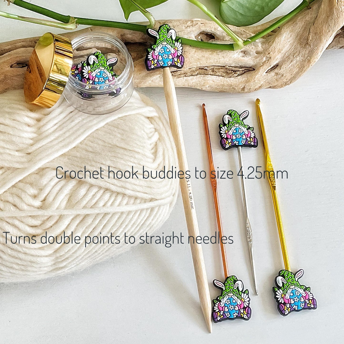 GNOME dressed as EASTER BUNNY with colorful egg, Set of 2 knitting needle point protectors, put your knitting down & keep your stitches safe