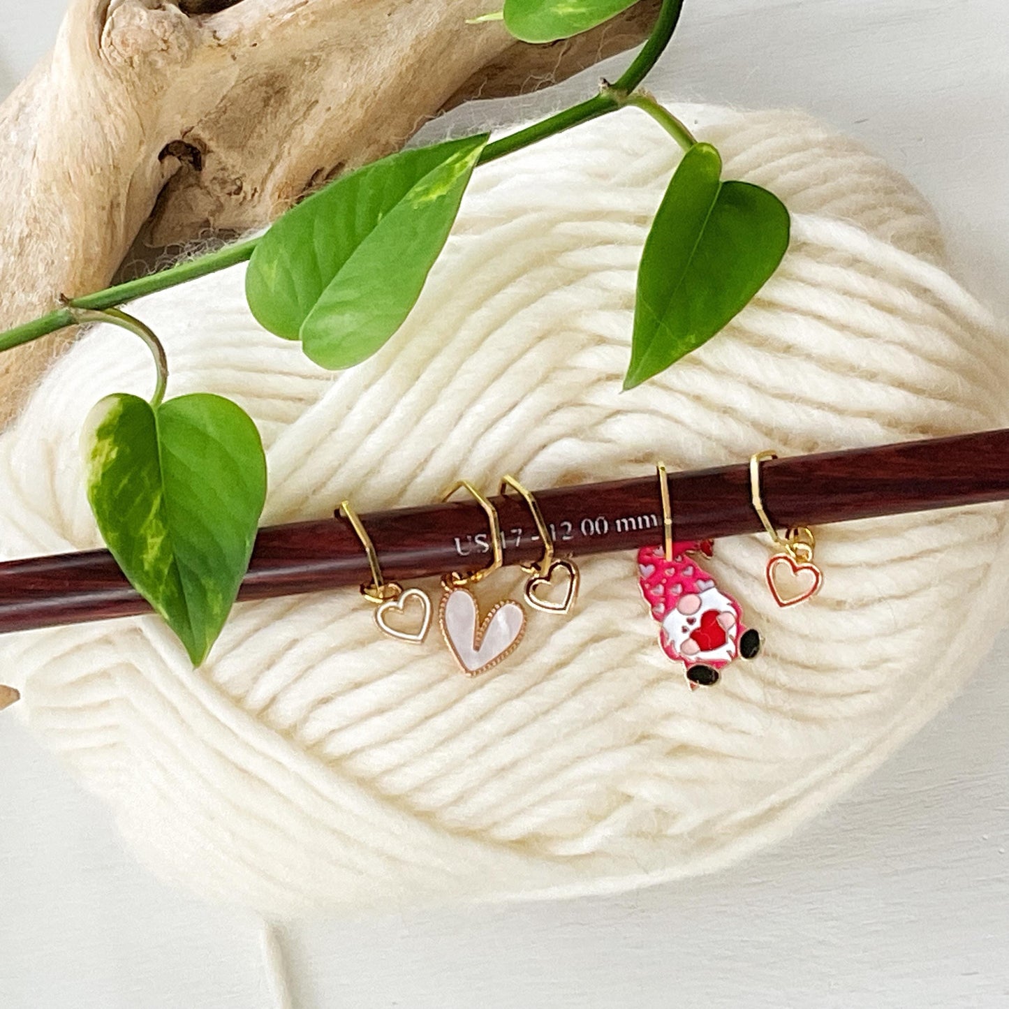LOVE GNOME + HEARTS, Celebrate love + positivity with a set of 5 knit or crochet stitch markers includes plain pin + storage jar w/ lid