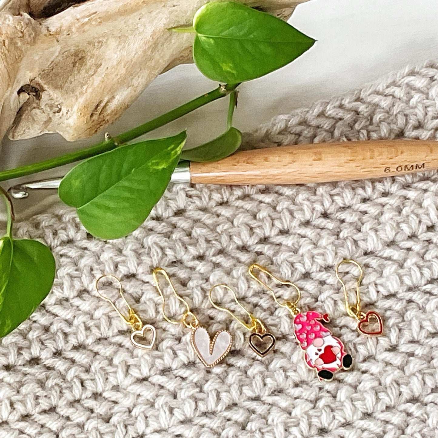 LOVE GNOME + HEARTS, Celebrate love + positivity with a set of 5 knit or crochet stitch markers includes plain pin + storage jar w/ lid