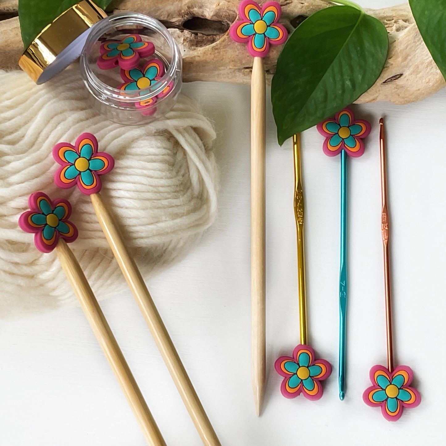 FLOWER POWER Funky seventies style colorful 5 petal bloom, Set of 2 knitting needle point protectors, works on circular & straight needles