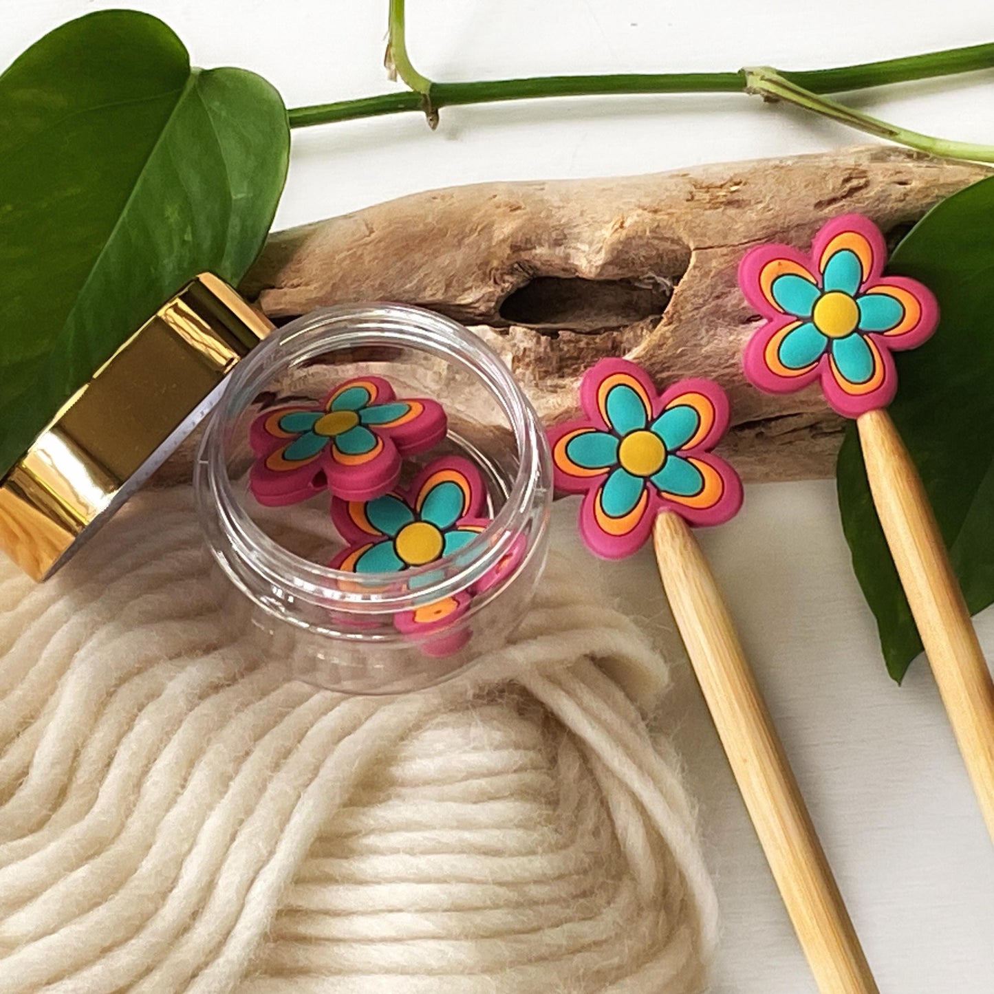FLOWER POWER Funky seventies style colorful 5 petal bloom, Set of 2 knitting needle point protectors, works on circular & straight needles