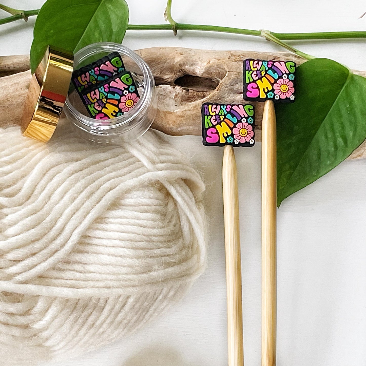 ALWAYS KEEP SMILING Funky seventies style colorful reminder w/smiling flowers, Set of 2 knitting needle point protectors, keep stitches safe