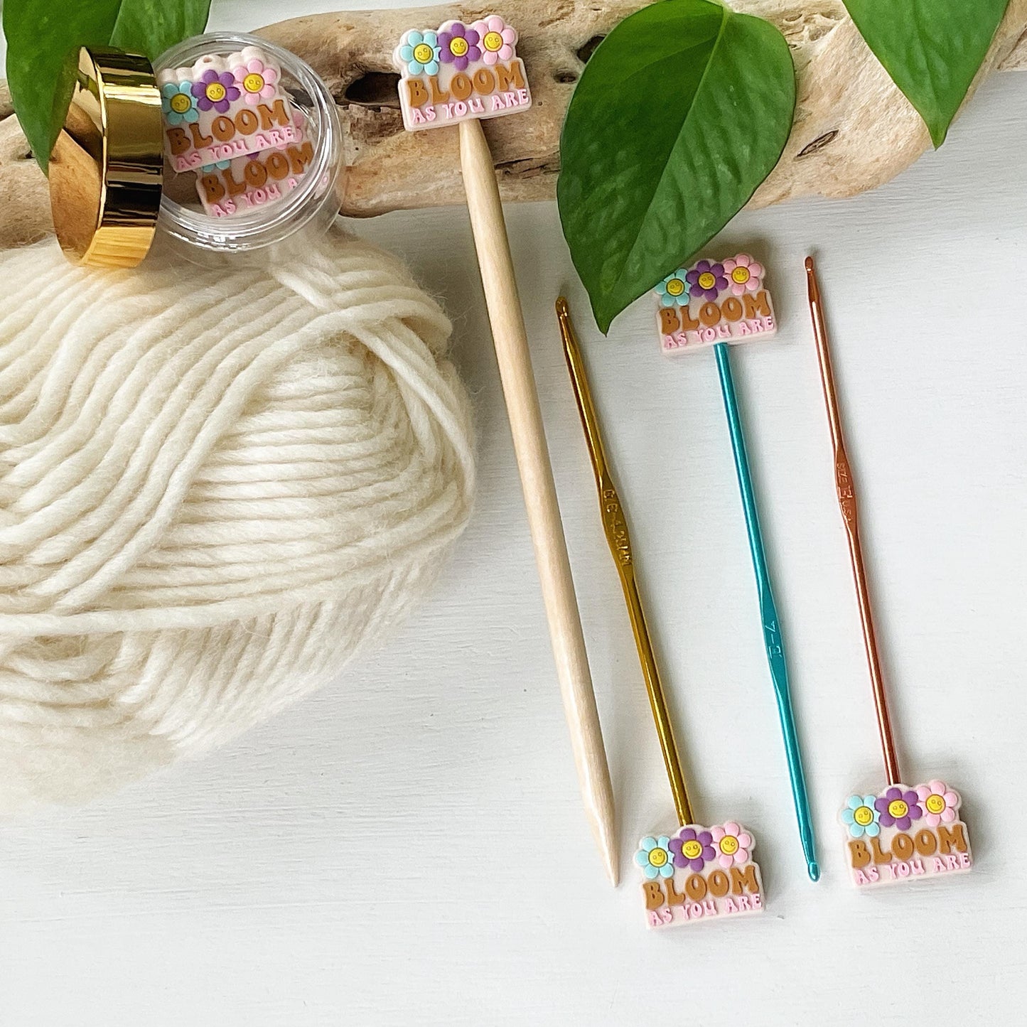 BLOOM as YOU ARE Funky seventies style reminder w/smiley face flowers, Set of 2 knitting needle point protectors, keep stitches safe