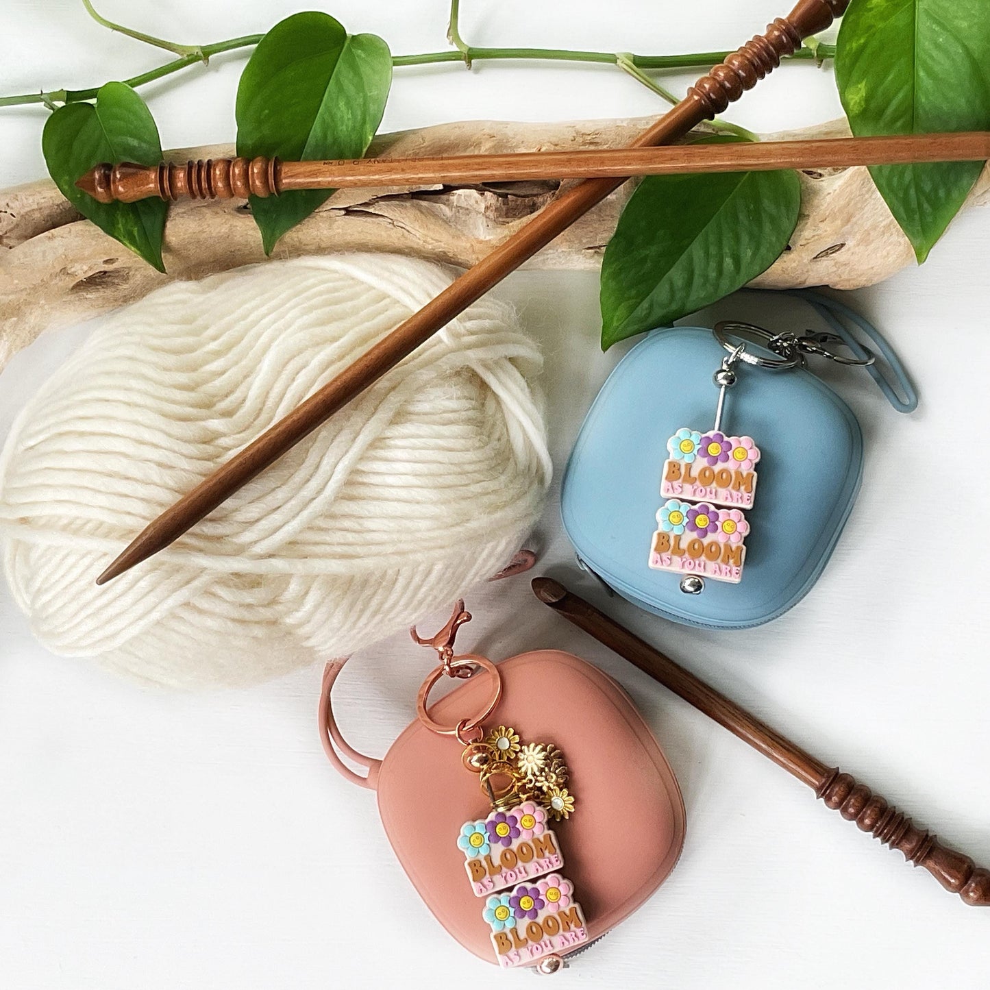 BLOOM as YOU ARE Funky seventies style reminder w/smiley face flowers, Set of 2 knitting needle point protectors, keep stitches safe
