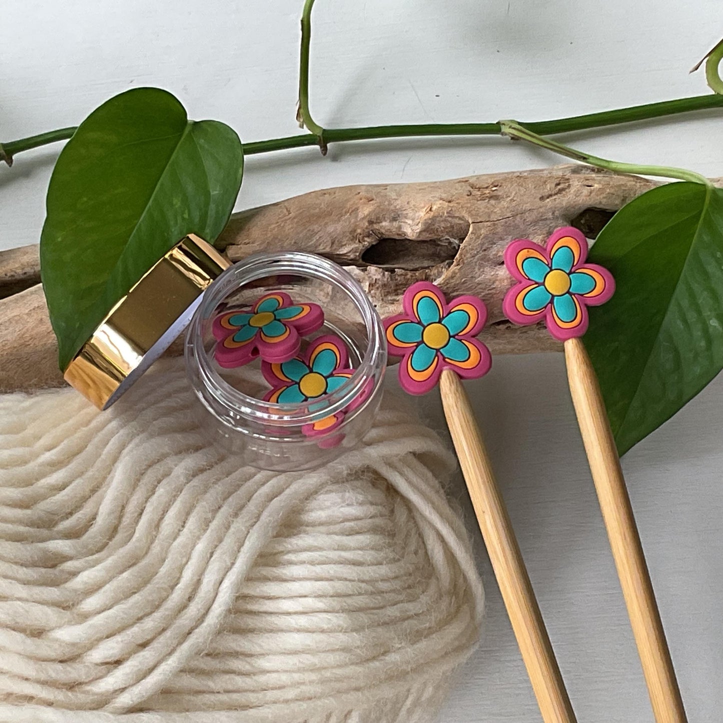 FLOWER POWER Funky seventies style colorful 5 petal bloom, Set of 2 knitting needle point protectors, works on circular & straight needles