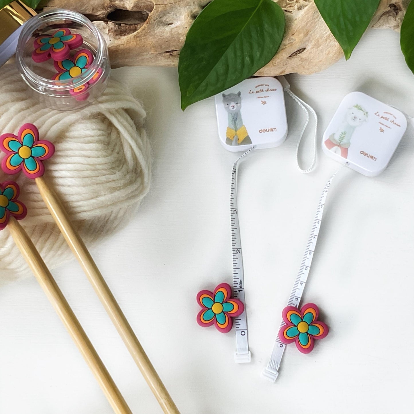 FLOWER POWER Funky seventies style colorful 5 petal bloom, Set of 2 knitting needle point protectors, works on circular & straight needles