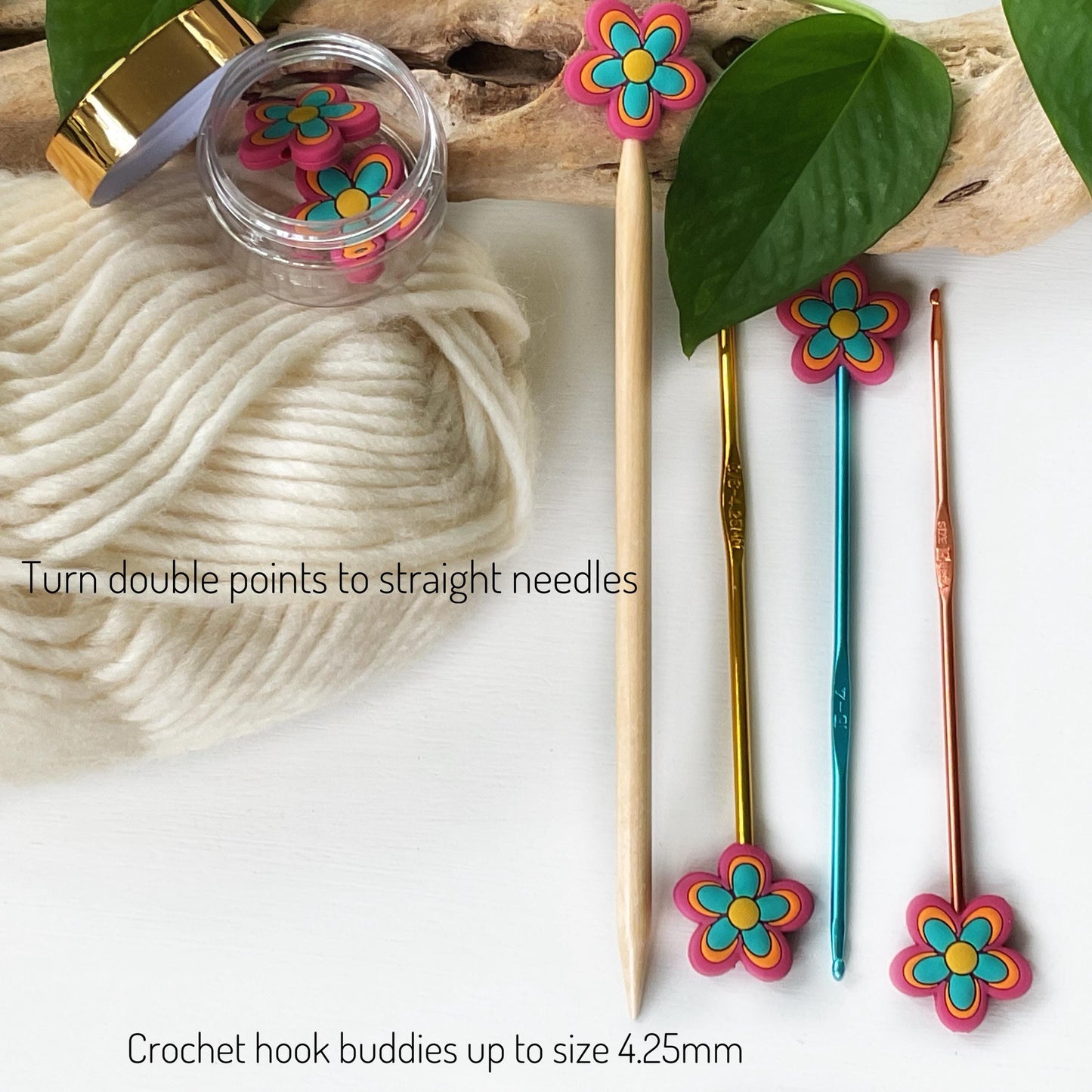FLOWER POWER Funky seventies style colorful 5 petal bloom, Set of 2 knitting needle point protectors, works on circular & straight needles
