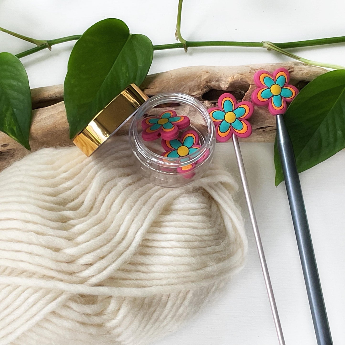 FLOWER POWER Funky seventies style colorful 5 petal bloom, Set of 2 knitting needle point protectors, works on circular & straight needles