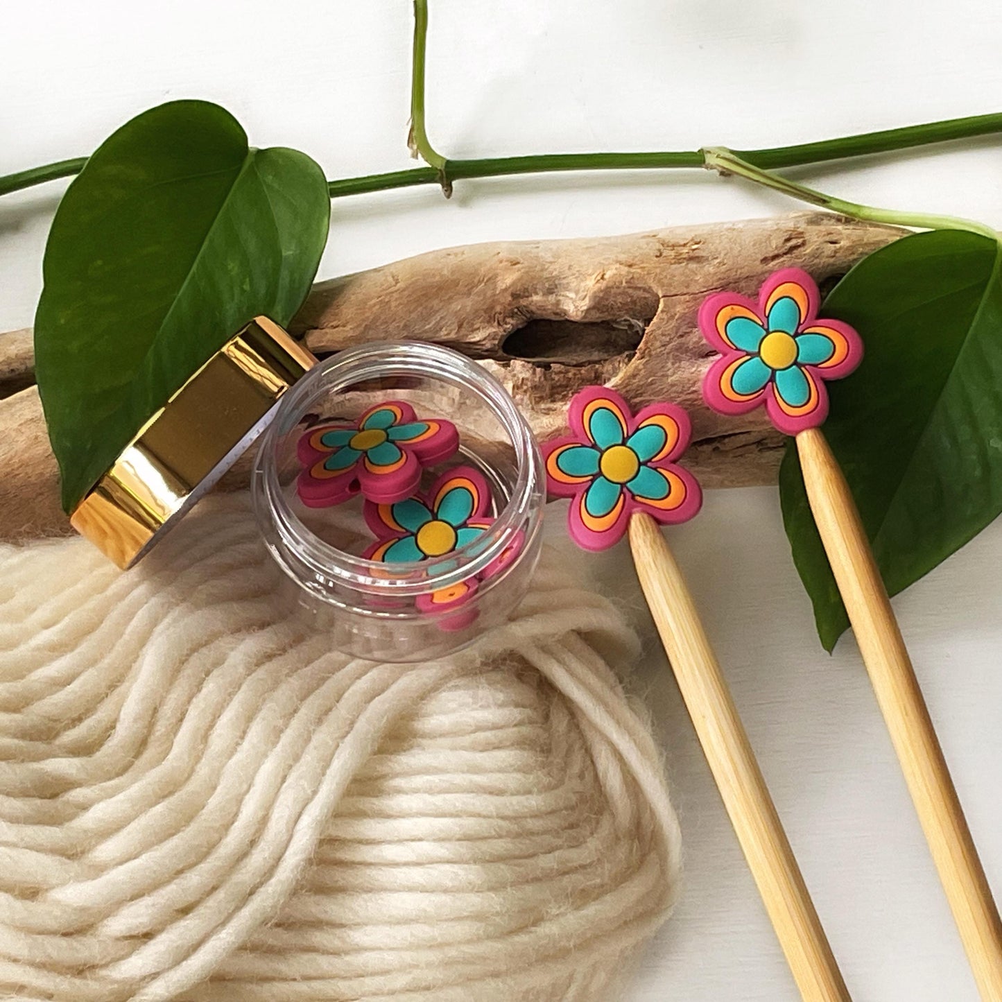 FLOWER POWER Funky seventies style colorful 5 petal bloom, Set of 2 knitting needle point protectors, works on circular & straight needles