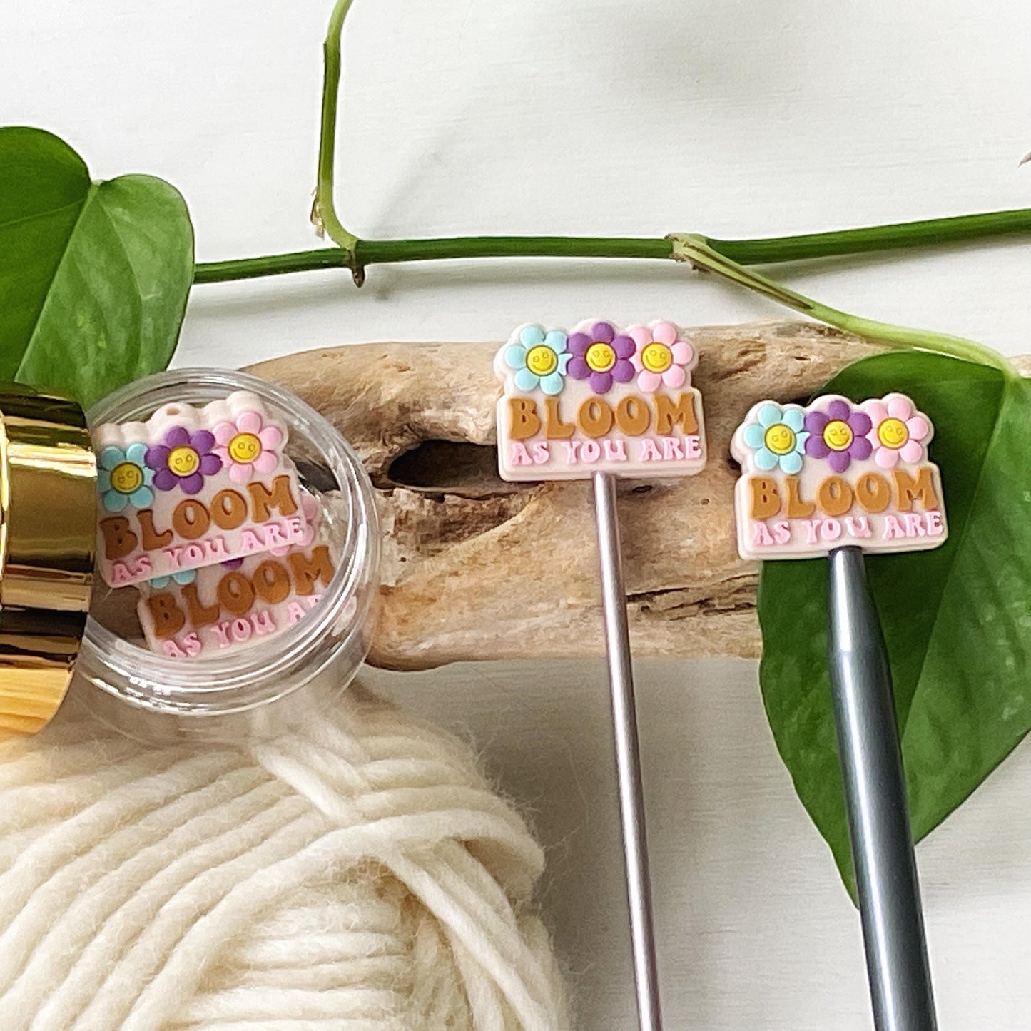 BLOOM as YOU ARE Funky seventies style reminder w/smiley face flowers, Set of 2 knitting needle point protectors, keep stitches safe