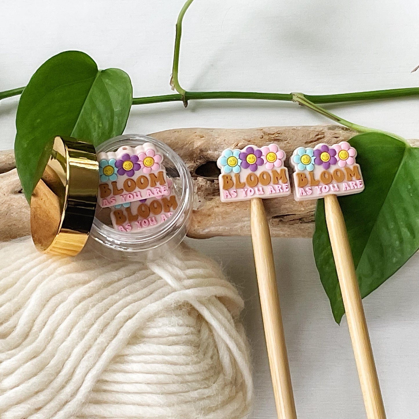 BLOOM as YOU ARE Funky seventies style reminder w/smiley face flowers, Set of 2 knitting needle point protectors, keep stitches safe