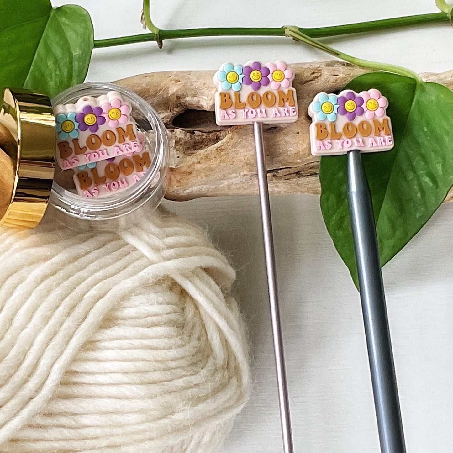 BLOOM as YOU ARE Funky seventies style reminder w/smiley face flowers, Set of 2 knitting needle point protectors, keep stitches safe