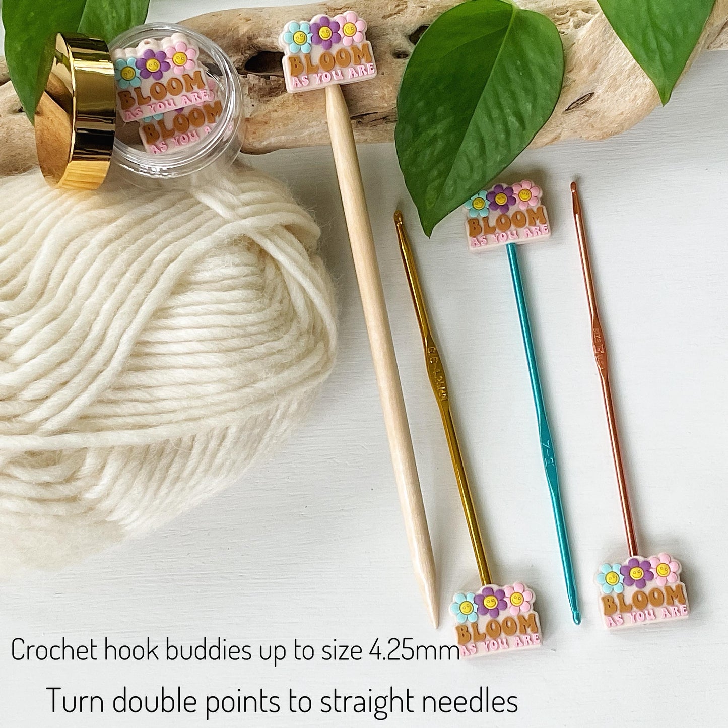 BLOOM as YOU ARE Funky seventies style reminder w/smiley face flowers, Set of 2 knitting needle point protectors, keep stitches safe