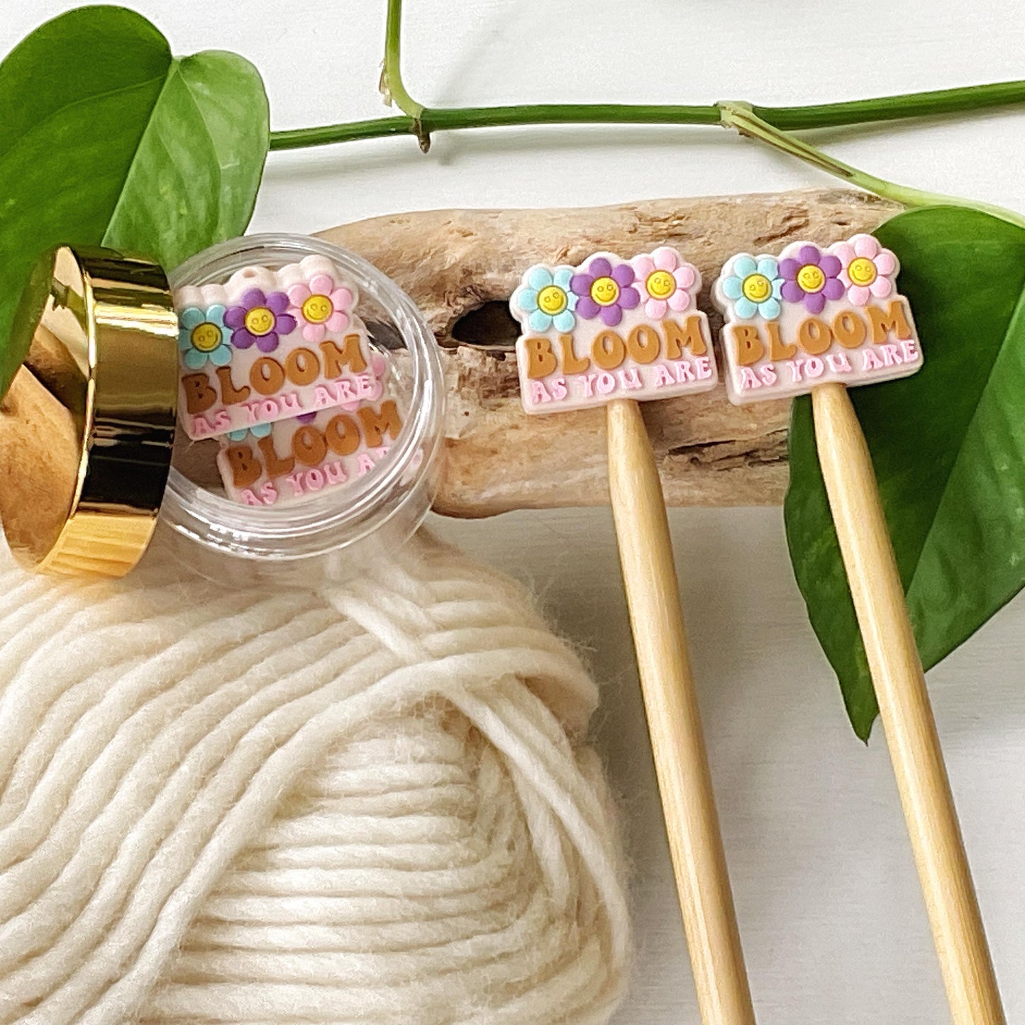 BLOOM as YOU ARE Funky seventies style reminder w/smiley face flowers, Set of 2 knitting needle point protectors, keep stitches safe
