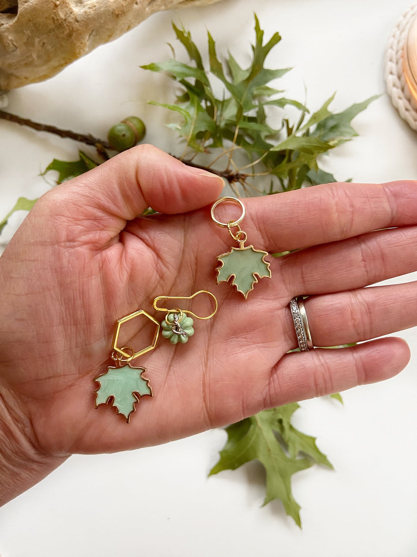 Autumn Leaves + Pumpkin KNIT + CROCHET stitch MARKERS, Set of 6 blue green enamel and gold tone stitch markers+ elegant storage jar with secure lid