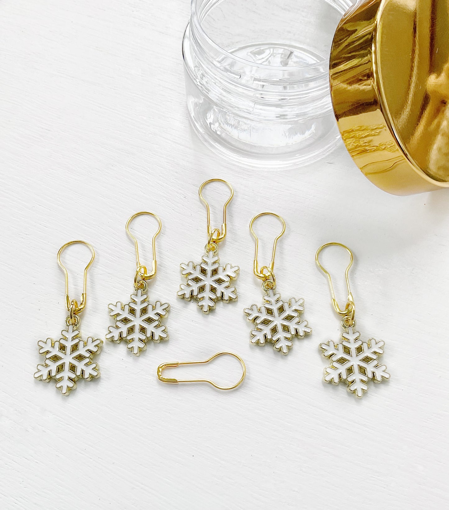 SNOWFLAKE Set of 6 KNIT + CROCHET Stitch Markers, Progress Keepers + elegant storage jar with secure lid