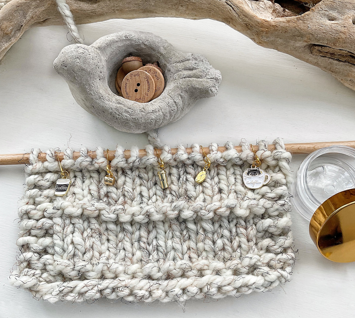 Coffee Please Set of 6 Knit + Crochet coffee themed stitch markers + elegant storage jar with secure lid