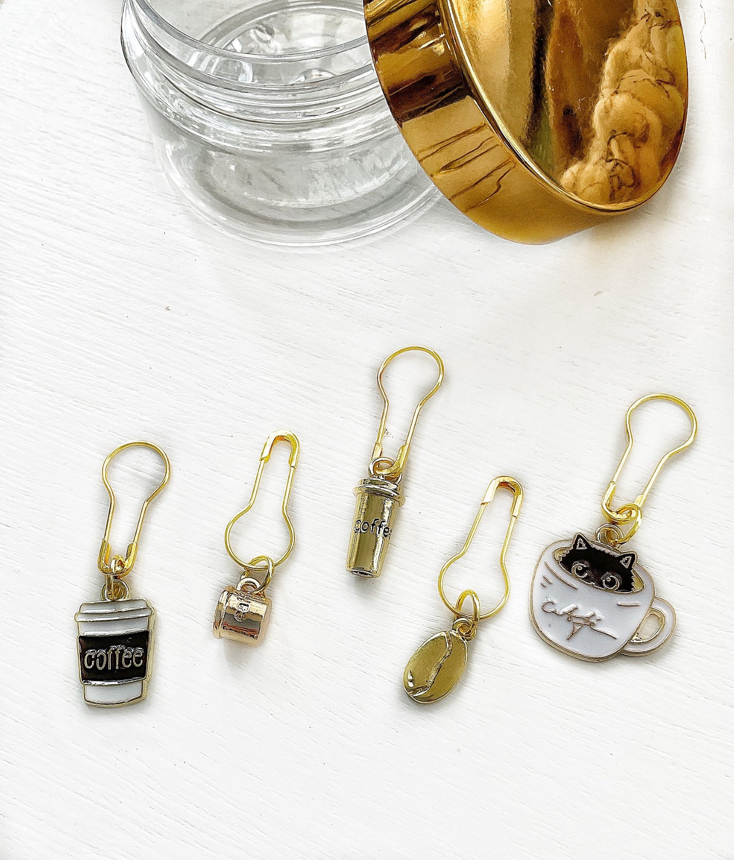 Coffee Please Set of 6 Knit + Crochet coffee themed stitch markers + elegant storage jar with secure lid