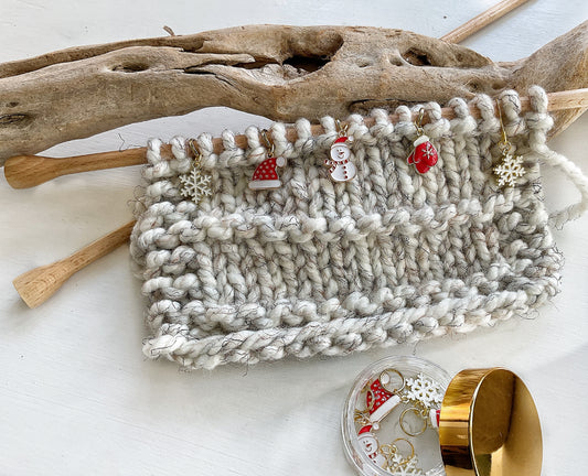 WINTER Set of 6 KNIT +CROCHET stitch markers, Let It Snow Progress Keepers + Elegant storage jar, Christmas Stitch Markers