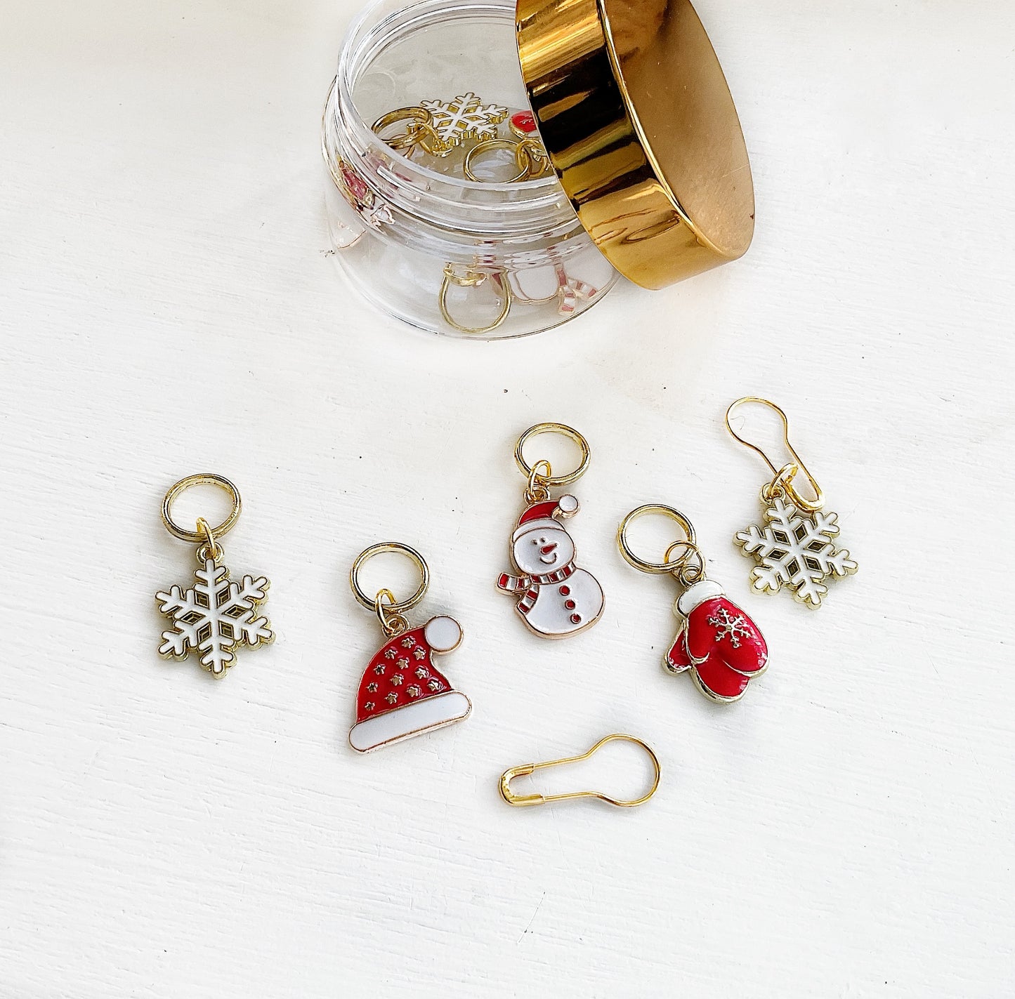 WINTER Set of 6 KNIT +CROCHET stitch markers, Let It Snow Progress Keepers + Elegant storage jar, Christmas Stitch Markers