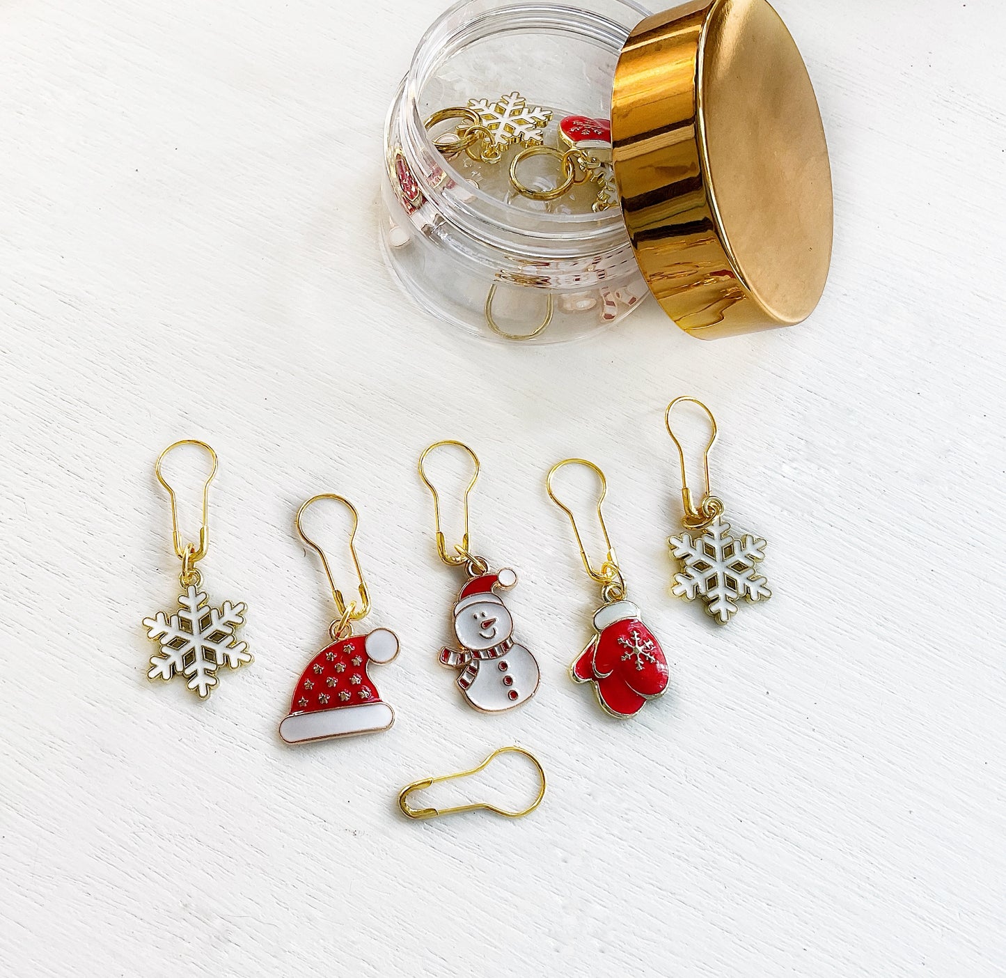 WINTER Set of 6 KNIT +CROCHET stitch markers, Let It Snow Progress Keepers + Elegant storage jar, Christmas Stitch Markers