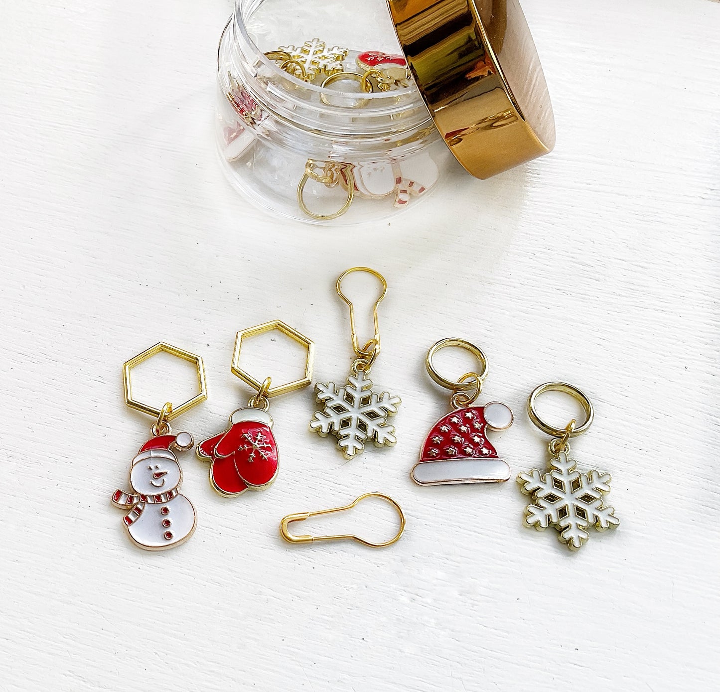 WINTER Set of 6 KNIT +CROCHET stitch markers, Let It Snow Progress Keepers + Elegant storage jar, Christmas Stitch Markers