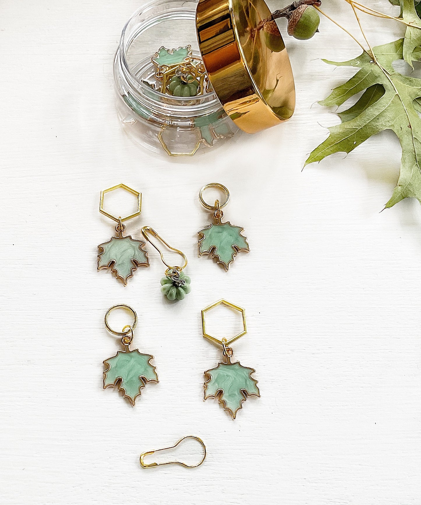 Autumn Leaves + Pumpkin KNIT + CROCHET stitch MARKERS, Set of 6 blue green enamel and gold tone stitch markers+ elegant storage jar with secure lid