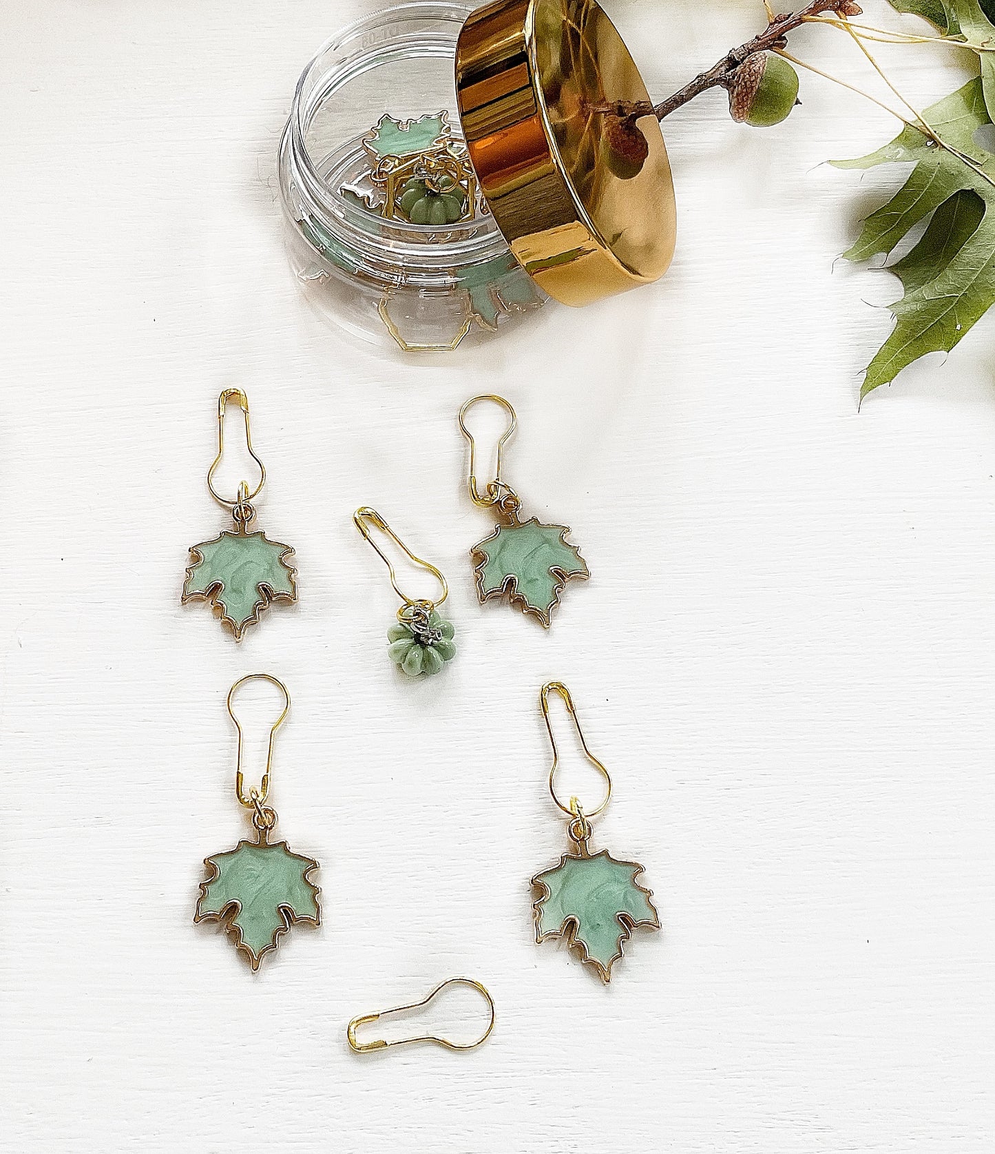 Autumn Leaves + Pumpkin KNIT + CROCHET stitch MARKERS, Set of 6 blue green enamel and gold tone stitch markers+ elegant storage jar with secure lid