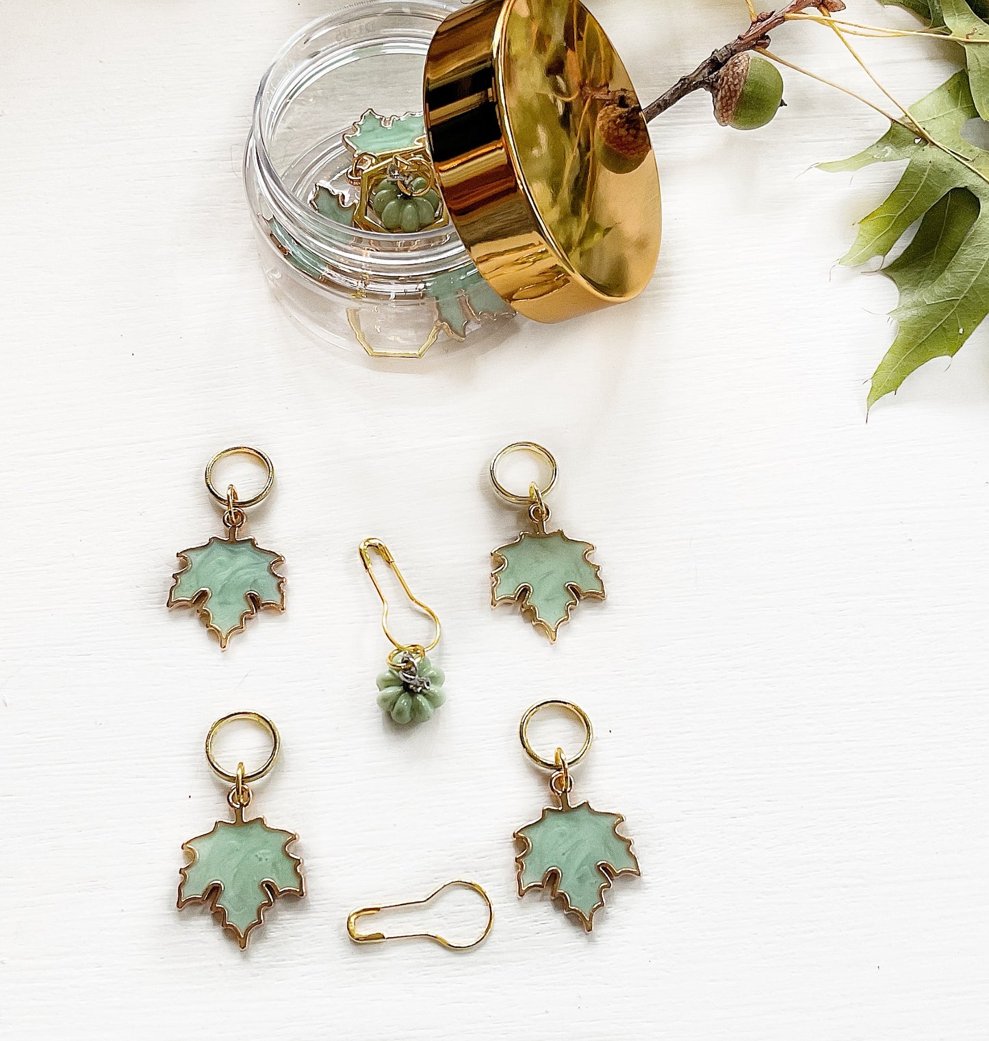 Autumn Leaves + Pumpkin KNIT + CROCHET stitch MARKERS, Set of 6 blue green enamel and gold tone stitch markers+ elegant storage jar with secure lid