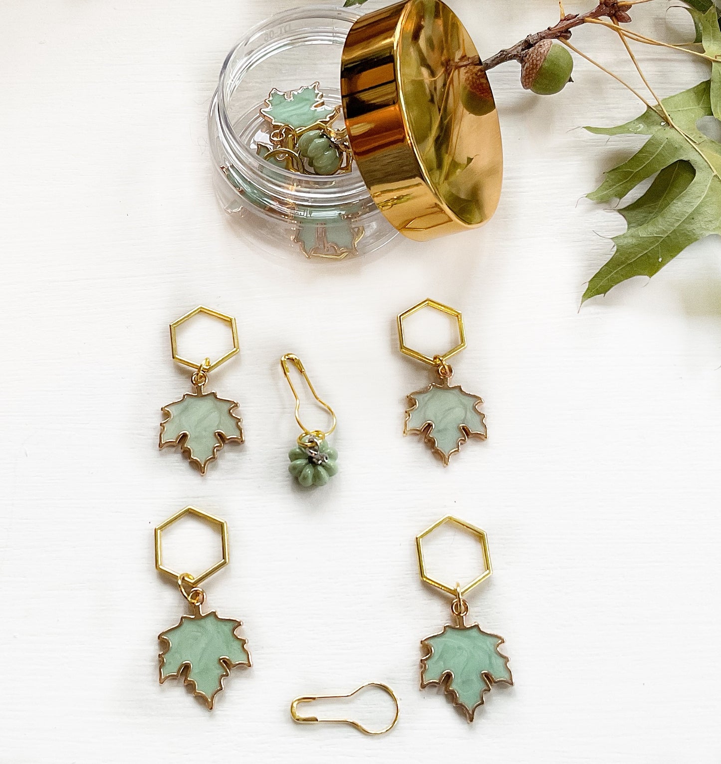 Autumn Leaves + Pumpkin KNIT + CROCHET stitch MARKERS, Set of 6 blue green enamel and gold tone stitch markers+ elegant storage jar with secure lid