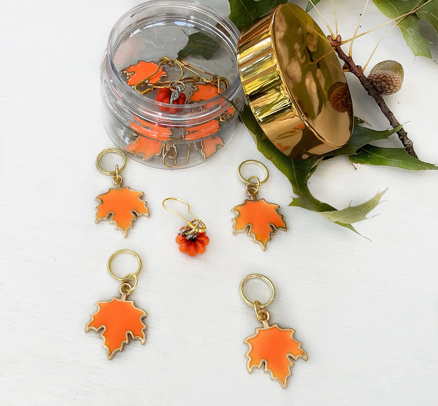 AUTUMN LEAVES + Pumpkin Knit + Crochet  set of 6, autumn orange enamel and gold tone stitch markers