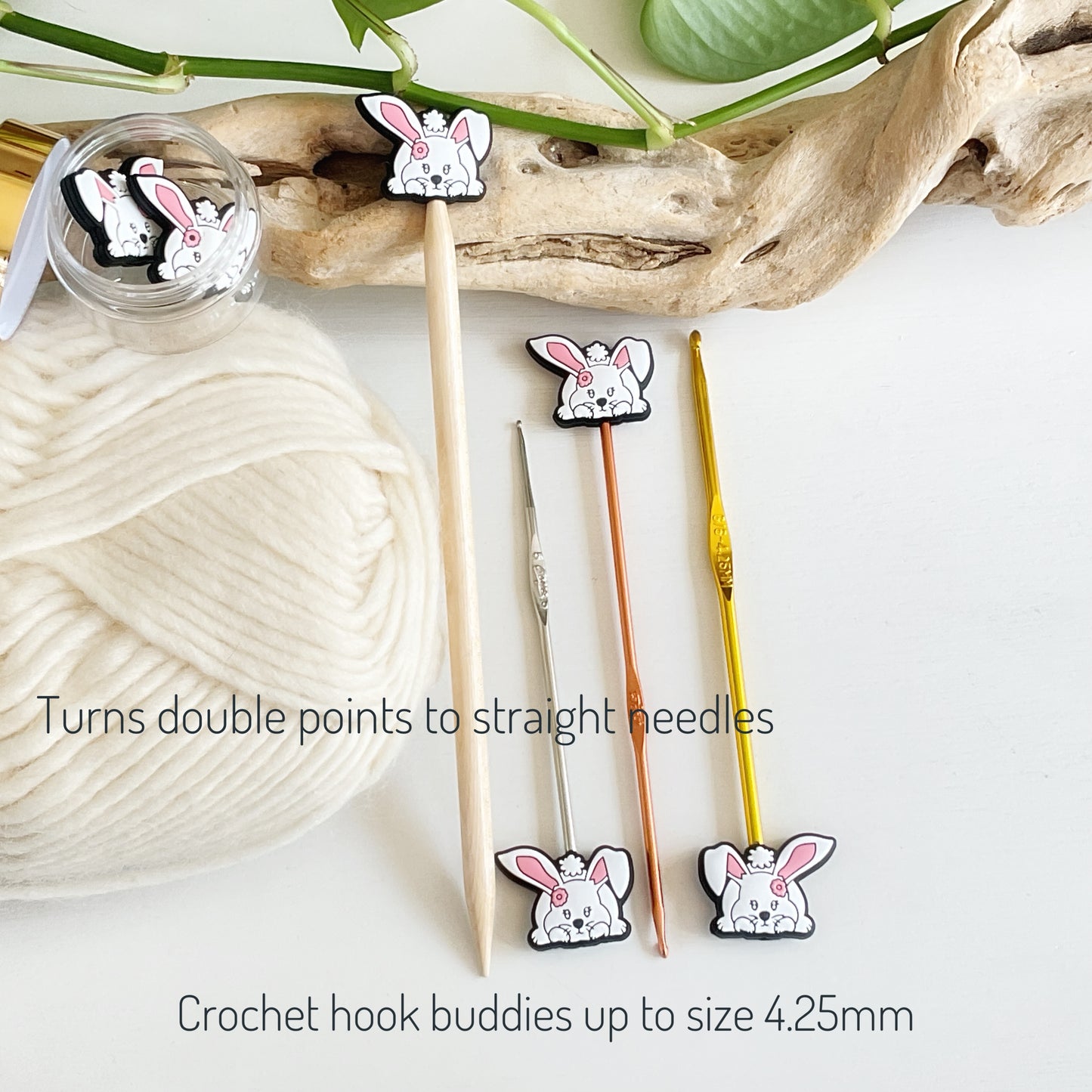 POUNCING RABBIT, BUNNY, Set of 2 knitting needle point protectors, Crochet Hook buddies, put your knitting down & keep your stitches safe